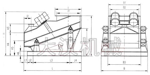 ZSG礦用振動(dòng)篩外形示意圖：B為礦用振動(dòng)篩寬度，L為礦用振動(dòng)篩長(zhǎng)度。H為礦用振動(dòng)篩高度等。