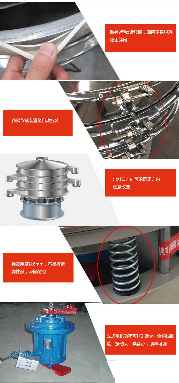 裝有V型鎖緊膠圈，使篩網(wǎng)不易脫落穩(wěn)固篩網(wǎng)，篩網(wǎng)鎖緊裝置，全自動(dòng)拆裝，出料口方向可沿圓周方向任意改變。彈簧厚度達(dá)6mm，不易折斷，彈性強(qiáng)，堅(jiān)固耐用。專業(yè)的振動(dòng)電機(jī)，全銅線制造，振動(dòng)大，機(jī)械噪音小，頻率可調(diào)。產(chǎn)品對(duì)比:材質(zhì)：大漢振動(dòng)篩廠家采用304不銹鋼材質(zhì)耐腐蝕性，耐熱性強(qiáng)。個(gè)別廠家采用其它金屬材質(zhì)，耐腐蝕性，耐熱性差蒸發(fā)緩慢，烘干效率較低。大漢振動(dòng)篩廠家采用金屬編織網(wǎng)，篩分精度高，效率高，篩網(wǎng)利用率高。