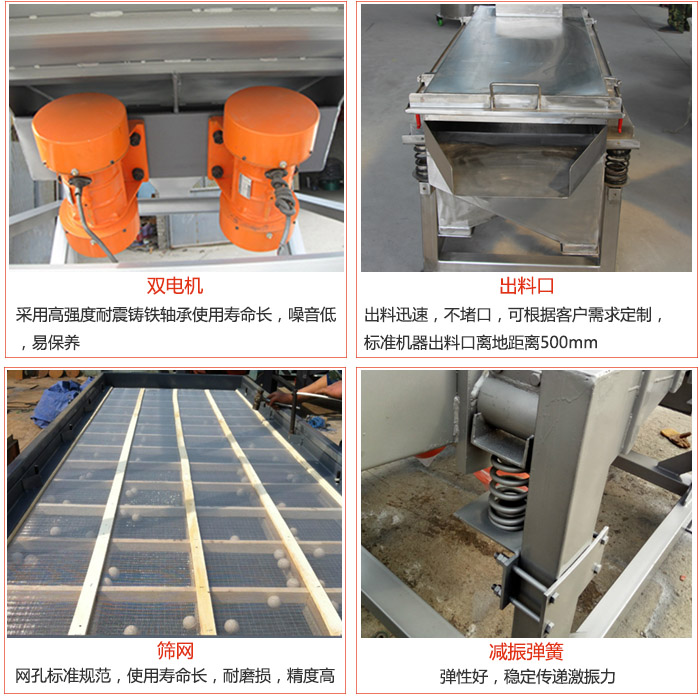 線振動篩配件優(yōu)勢：雙電機(jī)采用高強(qiáng)度耐震鑄鐵軸承使用壽命長，噪音低，易保養(yǎng)，出料口：出料迅速，不堵口，可根據(jù)客戶需求定制標(biāo)準(zhǔn)機(jī)器出料口離地距離500mm。篩網(wǎng)：網(wǎng)孔標(biāo)準(zhǔn)規(guī)范，使用壽命長，耐磨損，精度高。減震彈簧彈性好，穩(wěn)定傳遞激振力。