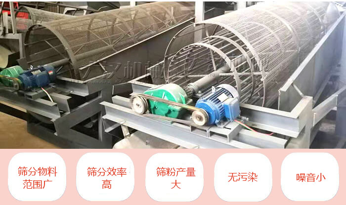滾筒篩分機(jī)主要特點(diǎn)：篩分物料范圍廣，篩分效率高，篩分產(chǎn)量大，無污染，噪音小。
