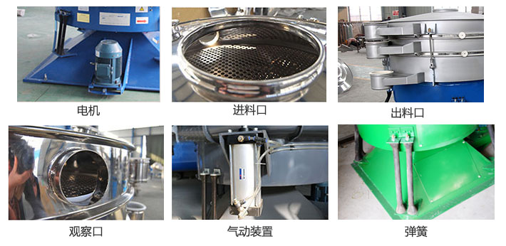 搖擺篩分機(jī)由進(jìn)料口，出料口，觀察口，電機(jī)，彈簧，氣動(dòng)裝置等部件組成