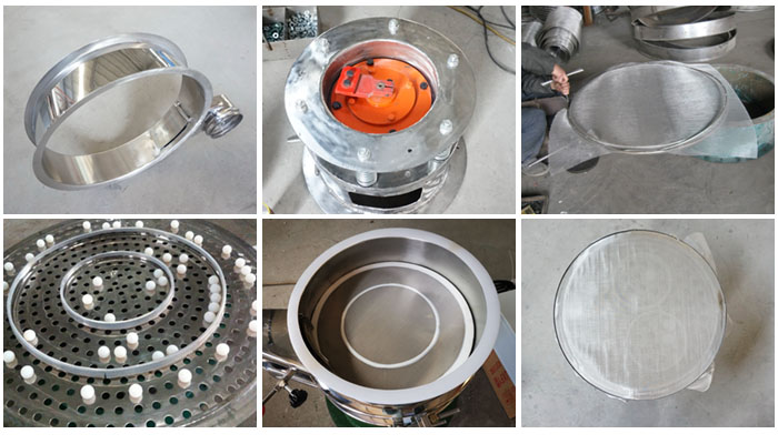 不銹鋼小型振動(dòng)篩細(xì)節(jié)：振動(dòng)篩篩框，振動(dòng)電機(jī)座，篩網(wǎng)，彈跳球，密封圈，篩網(wǎng)網(wǎng)架。