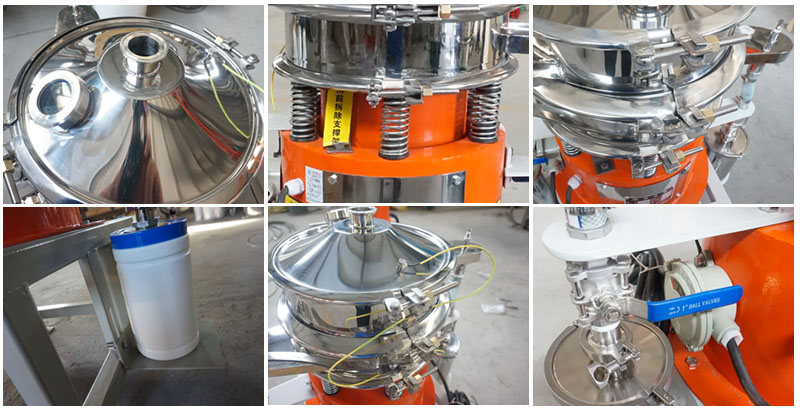 氣體保護(hù)超聲波振動篩細(xì)節(jié)：控制閥，料罐，篩網(wǎng)。