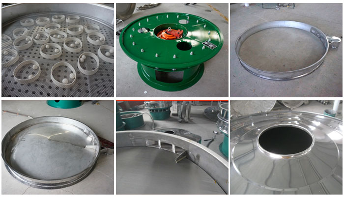 大型旋振篩細(xì)節(jié)：大型旋振篩篩網(wǎng)，大型旋振篩篩框，大型旋振篩防塵蓋。