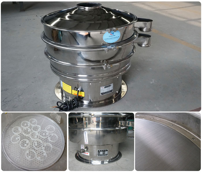 1000型全不銹鋼振動篩細節(jié)展示：振動篩網(wǎng)，震動篩底座，振動篩篩網(wǎng)。