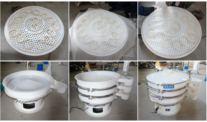 安裝塑料網(wǎng)架的空心U形網(wǎng)架，安裝清網(wǎng)裝置（擋球環(huán)和彈跳球），細(xì)網(wǎng)安裝到網(wǎng)架和清網(wǎng)裝置上面；安裝底框，將裝好的網(wǎng)架放到地框上再放一層篩框，安裝束環(huán)與防塵蓋，雙層塑料振動(dòng)篩安裝完畢