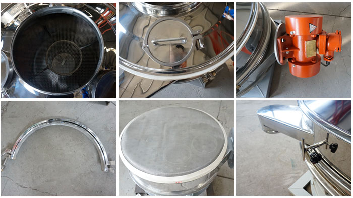 單振源直排篩細(xì)節(jié)展示：防塵蓋，振動源，振動篩網(wǎng)，大束環(huán)，控制開關(guān)等。