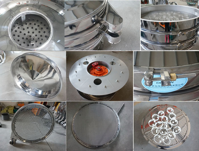 里外剖光振動(dòng)篩細(xì)節(jié)：防塵蓋拋光效果，篩框拋光效果，振動(dòng)篩底座拋光效果，振動(dòng)篩網(wǎng)架拋光效果等。