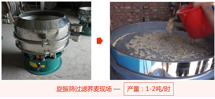 旋振篩過濾蕎麥現(xiàn)場，產(chǎn)量可達(dá)2噸每小時(shí)。