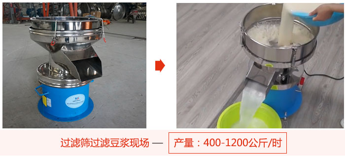 過濾篩過濾豆?jié){現(xiàn)場，產(chǎn)量高達(dá)1200公斤每小時(shí)。