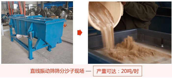 直線振動(dòng)篩篩分沙子現(xiàn)場展示，產(chǎn)量高達(dá)20噸每小時(shí)。