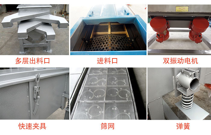 多層直線振動篩出料口，篩網(wǎng)，彈簧，快速夾具，振動電機等