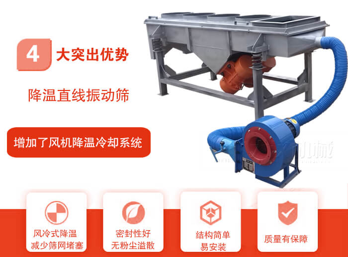 降溫直線振動篩性能特點(diǎn)：1，技術(shù)成熟，質(zhì)量可靠，篩分精度高，處理量大。2，風(fēng)冷式降溫系統(tǒng)設(shè)計(jì)，快速有效降溫。3，適用范圍廣，可應(yīng)用于各種需要降溫的物料。4，設(shè)計(jì)精巧合理，結(jié)構(gòu)簡單，易安裝，耗能少，噪音低5，篩網(wǎng)使用壽命長，換網(wǎng)更方便，快捷6，設(shè)備整體密封性好，無粉塵溢散。