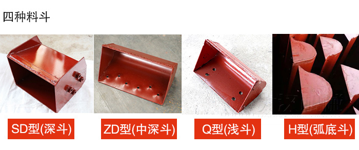 四種料斗Q型(淺斗)、H型(弧底斗)、ZD型(中深斗)SD型(深斗)展示圖